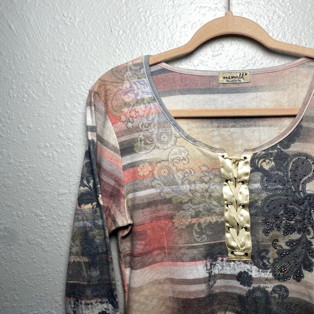Vtg Y2K One World Lace up Paisley Rhinestone Boho Hippie Whimsy Long Sleeve Sz M - Picture 7 of 14